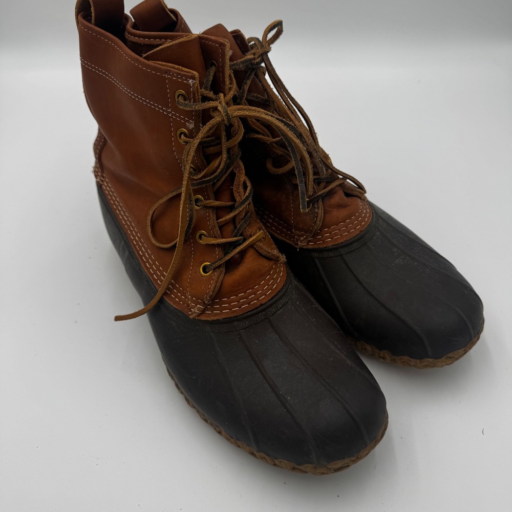 L.L. Bean Bean Boots 8" Duck Boots Brown Tan Leather Rubber Waterproof Maine